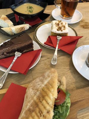 Soup of the day, chocolate and carrot cake and avocado sandwich with drinks at Fresh INN - Holm in Flensburg