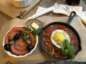 Shakshuka with pumpkin and a coconut-curry-egg :) at Wegarnik in Zielona Gora