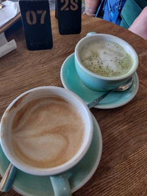 Coffee Latte and Matcha latte (with coconut milk) 😋 at Wegarnik in Zielona Gora