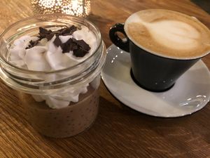 Chocolate dessert with cappuccino.  at Wegarnik in Zielona Gora