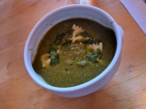 Excellent spinach soup with farfalle for starters. at Robin Food in Amsterdam