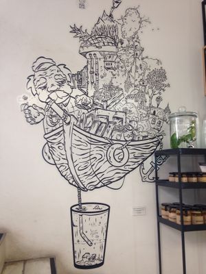 Great piece on the wall on the left as you enter  at PURE Juice Bar in Athens