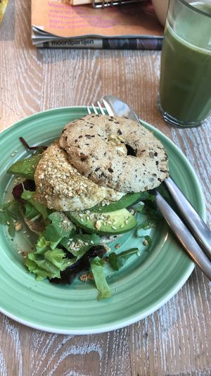 « Awesome Prana Bagel » with hummus and Avocado. The Bagel itself contains egg but I’m sure it can be switched for a vegan one  at Bagels & Beans - Spui in The Hague