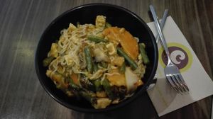 Medium size wok meal with noodles, tofu, peanut sauce and five vegetables. at Eazie - Stationsweg in Leiden