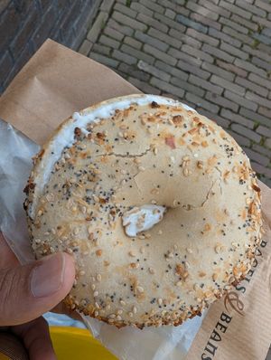 Everything bagel with plain cream cheese at Bagels & Beans - Haarlemmerstraat in Leiden