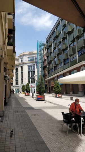 Street of the cafe at La Camelia Vegan Bar in Bilbao