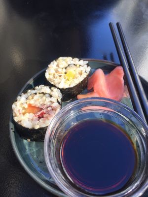 Makis with soy sauce & wasabi + brown rice !  at La Camelia Vegan Bar in Bilbao