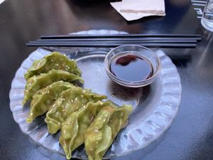 Dumplings with Umeboshi-Soy sauce!   at La Camelia Vegan Bar in Bilbao