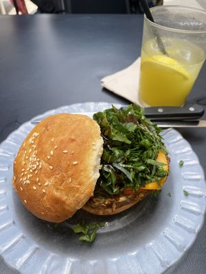 Burger and home made ginger ale (perfect refreshment on a hot summer day 🥰)  at La Camelia Vegan Bar in Bilbao