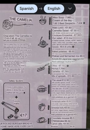 Translated menu  at La Camelia Vegan Bar in Bilbao