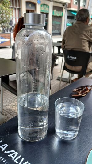 Plastic-free water at La Camelia Vegan Bar in Bilbao