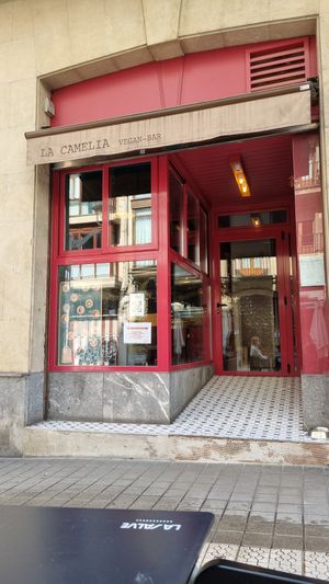 Facade of the restaurant at La Camelia Vegan Bar in Bilbao