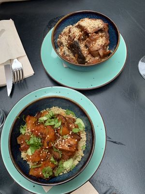 Bulgogi and Seitan tropical. Small dish that were 13€ each.   at La Camelia Vegan Bar in Bilbao