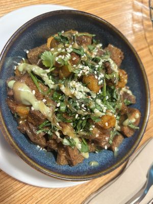 Seitan with pineapple and rice   at La Camelia Vegan Bar in Bilbao
