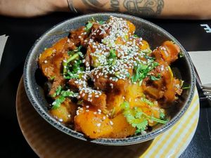 Poke bowl with seitan and pineapple at La Camelia Vegan Bar in Bilbao