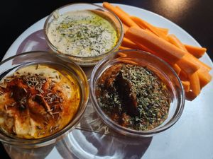 Mix of spreads with crudités at La Camelia Vegan Bar in Bilbao