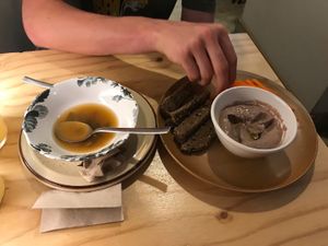 Miso soup and a very good dip (tofu & olives) at La Camelia Vegan Bar in Bilbao