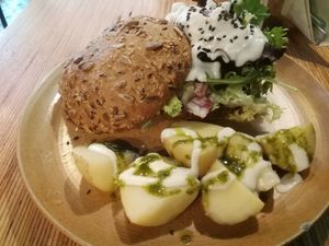 Delicious burger 😋 at La Camelia Vegan Bar in Bilbao