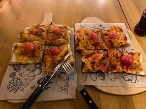 Bolognese and Arribiata plant based pizza. These count as four slices each.  at Sugo Pizza Al Taglio - Aert van Nesstraat in Rotterdam