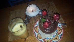 Orange and passion fruit juice and the best ever raw vegan chocolate mousse at Brown Sugar in Cadaques