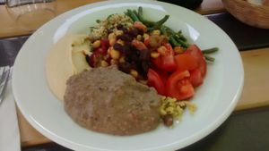 Hummus, moutabal and various salads at La Faim des Haricots in Labege