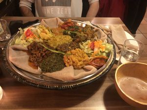 We shared the “vegetarian mixed plate” for two which was automatically vegan. It was super big and filling and sooooo delicious! The “mild” version was already a little spi at Kilimanjaro in Heidelberg