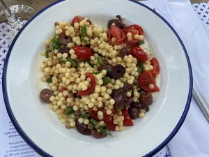 Tasty vegan Fregola on cold almond soup 😋 at Frulez in Bari