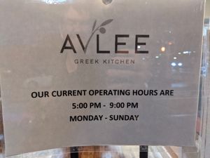 Hours as of 8/6/21 at Avlee Greek Kitchen in Brooklyn