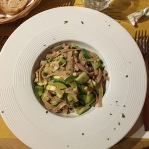 Homemade pasta with zucchini, ginger and smoked tofu at Nadamas in Bolzano