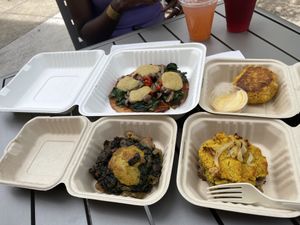 Pizza, crab cake, spinach & mushroom tart, chickpea tart at Harmony Bakery in Baltimore