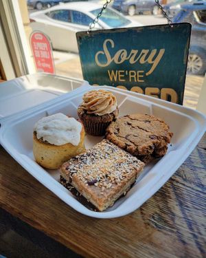 Cinnamon Bun, Dirty Chai Cupcake, Cookie Sandwich, Samoa Bar at Harmony Bakery in Baltimore