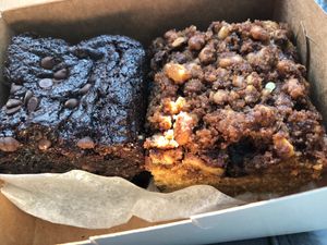 Brownies and blueberry crumb cake. at Harmony Bakery in Baltimore