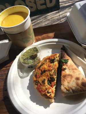 Vegan quiche & samosa burrito with golden mylk at Harmony Bakery in Baltimore