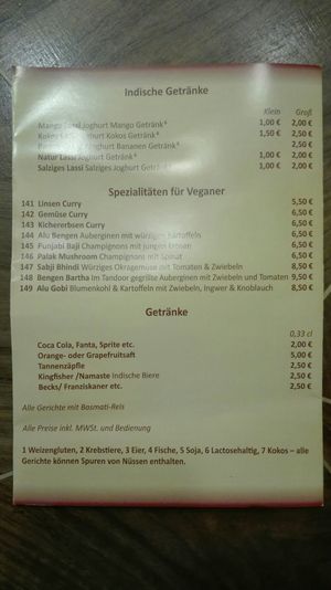 Vegan menu at Raja Rani in Heidelberg