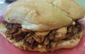 Torta de ";pastor"; con aderezo de la casa y piña asada. at Vegan Pa' Cá' in Mexico City