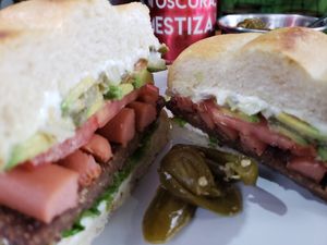 Torta de salchicha at Vegan Pa' Cá' in Mexico City