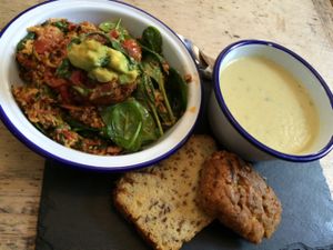 soup, salad, gluten free bread at Beyond the Kale in Bath