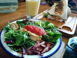 Salad, falafel wrap and smoothie at Beyond the Kale in Bath