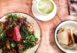roasted veggie wrap, salad plate and matcha latte at Beyond the Kale in Bath