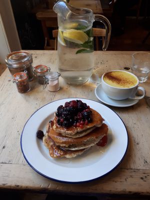 Pancakes and turmeric latte at Beyond the Kale in Bath