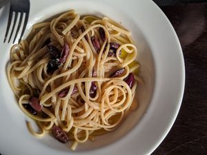 Plain pasta with olive oil, garlic and olives at Cin Cin in Wellington