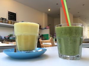 left Curcuma latte right The devils avocado at FOAM in The Hague