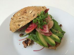 delicious: bread with beetroot humus, avocado and marinated chioggia beets at FOAM in The Hague