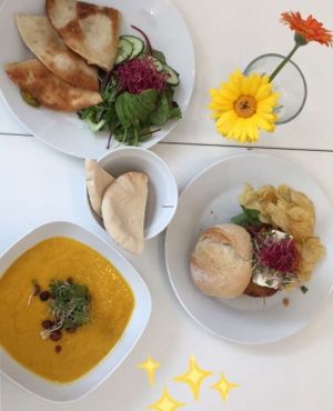 Quesadillas, the burger of the day (today, a chickpea patty) and the carrot-ginger-coconut soup. (All vegan and very tasty) at FOAM in The Hague