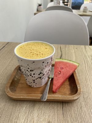 Turmeric latte with coconut milk: a bit too strong for me at FOAM in The Hague