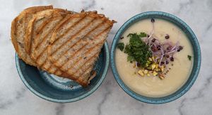 potato leek soup with bread at FOAM in The Hague
