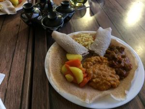 Mix of vegan dishes on typical bread.  at Saron in Heidelberg