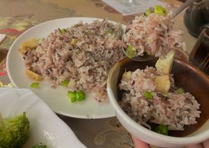 lion's mane mushroom fried rice at Fuyue Xianju Vegetarian Restaurant in Macau