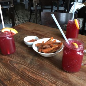 hibiscus water, sweet potato ";fries"; and homemade ketchup at The Bowl - Warschauer Str in Berlin