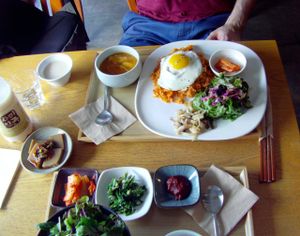 Salad bibimbap (mostly just lettuce) and kimchi fried rice at Slobbie in Seoul